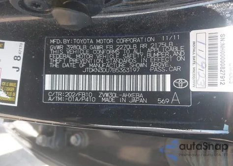 2011 Toyota Prius Two z USA, uszkodzony, nr VIN JTDKN3DU7B5363197